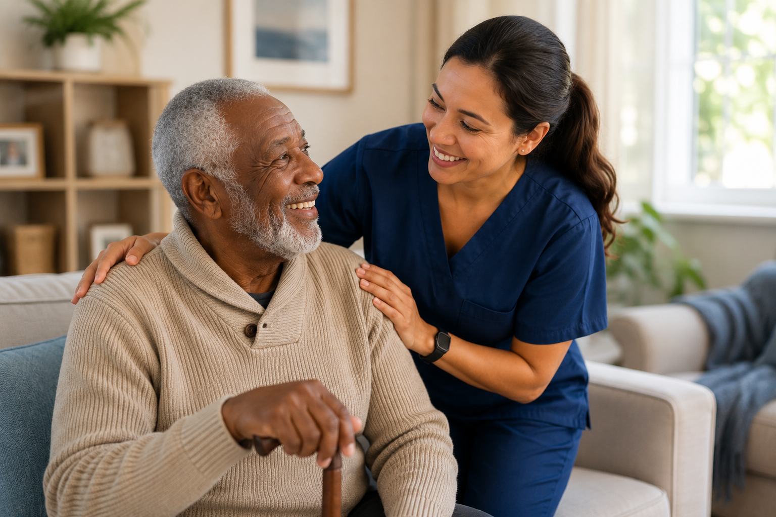 Compassionate caregiver speaking kindly with a senior gentleman at home